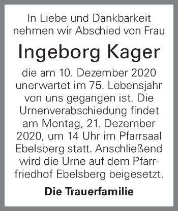Traueranzeige von Ingeborg Kager von OÖNachrichten