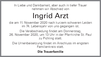 Traueranzeige von Ingrid Arzt von OÖNachrichten