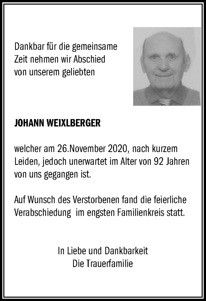  Traueranzeige für Johann Weixlberger vom 04.12.2020 aus OÖNachrichten