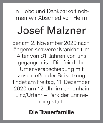 Traueranzeige von Josef Malzner von OÖNachrichten