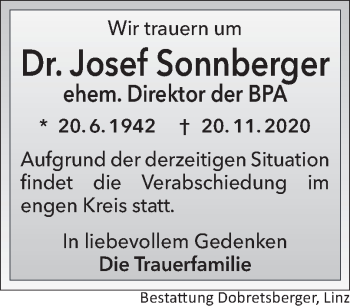 Traueranzeige von Josef Sonnberger von OÖNachrichten