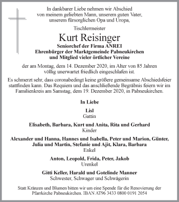 Traueranzeige von Kurt Reisinger von OÖNachrichten