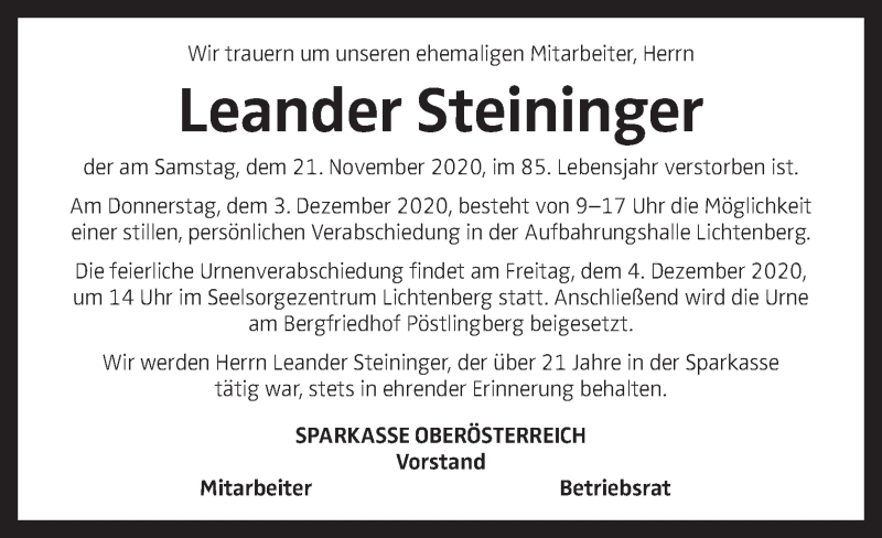  Traueranzeige für Leander Steininger vom 01.12.2020 aus OÖNachrichten