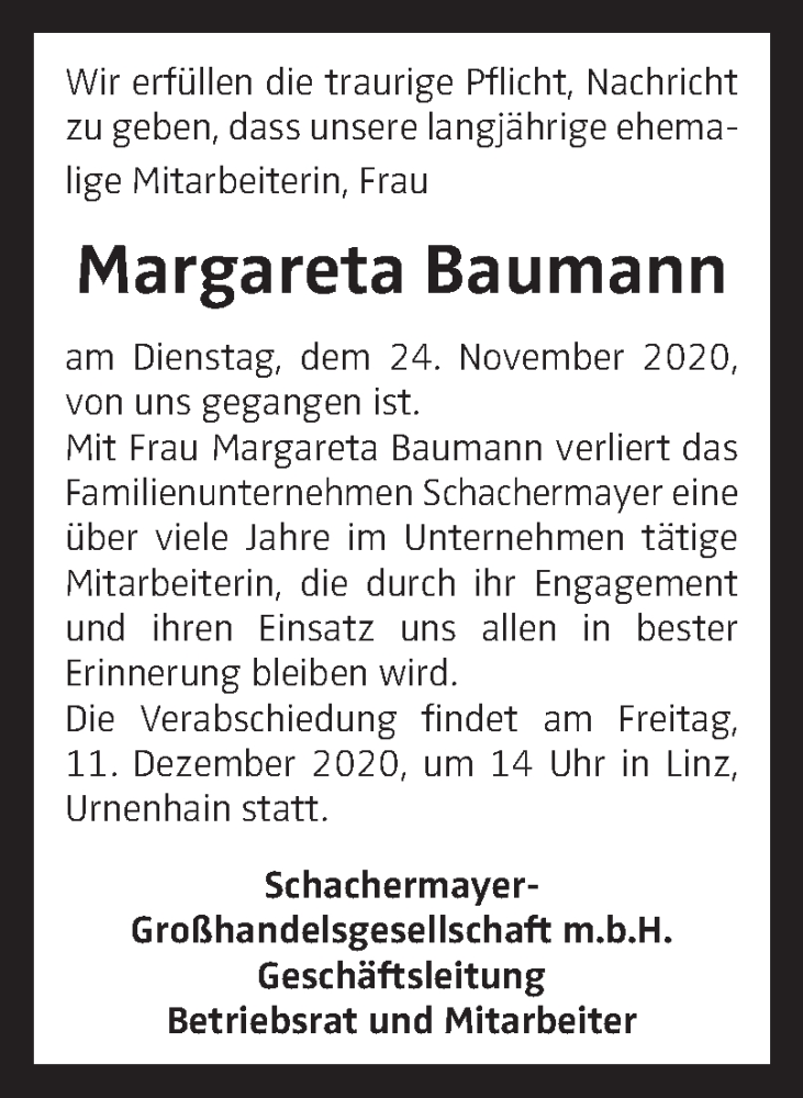  Traueranzeige für Margareta Baumann vom 04.12.2020 aus OÖNachrichten