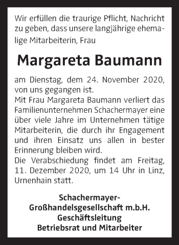 Traueranzeige von Margareta Baumann von OÖNachrichten
