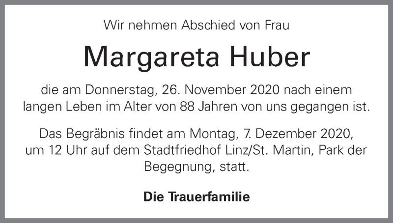  Traueranzeige für Margareta Huber vom 01.12.2020 aus OÖNachrichten