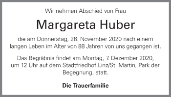 Traueranzeige von Margareta Huber von OÖNachrichten