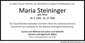 Traueranzeige von Maria Steininger von OÖNachrichten