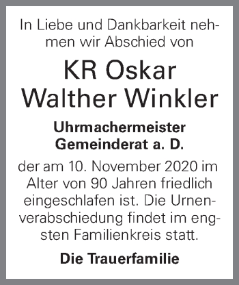Traueranzeige von Oskar Walther Winkler von OÖNachrichten
