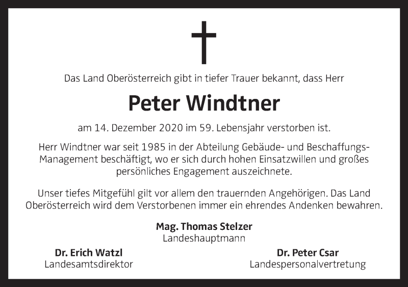  Traueranzeige für Peter Windtner vom 17.12.2020 aus OÖNachrichten