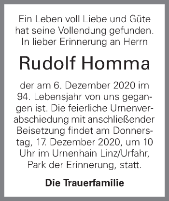 Traueranzeige von Rudolf Homma von OÖNachrichten