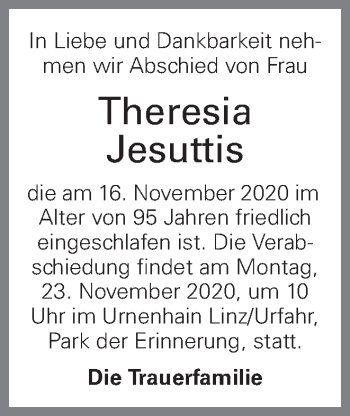 Traueranzeige von Theresia Jesuttis von OÖNachrichten