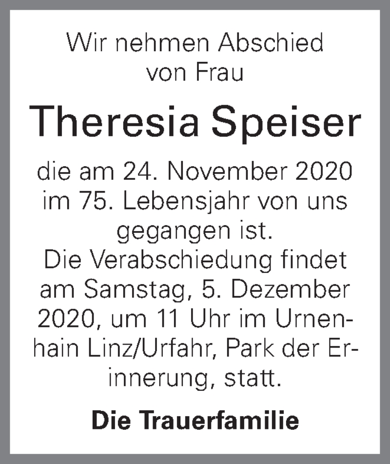  Traueranzeige für Theresia Speiser vom 30.11.2020 aus OÖNachrichten