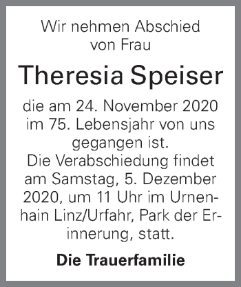 Traueranzeige von Theresia Speiser von OÖNachrichten