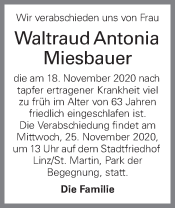 Traueranzeige von Waltraud Antonia Miesbauer von OÖNachrichten