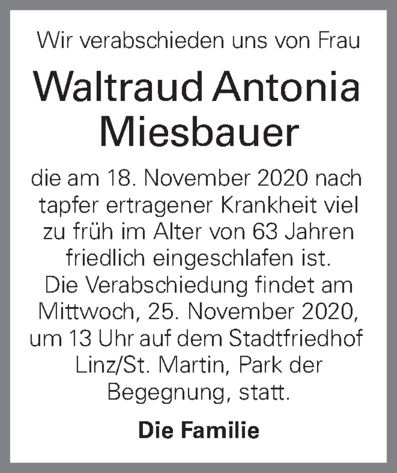  Traueranzeige für Waltraud Antonia Miesbauer vom 23.11.2020 aus OÖNachrichten