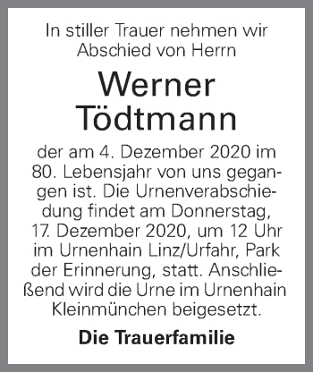 Traueranzeige von Werner Tödtmann von OÖNachrichten