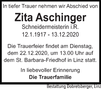 Traueranzeige von Zita Aschinger von OÖNachrichten