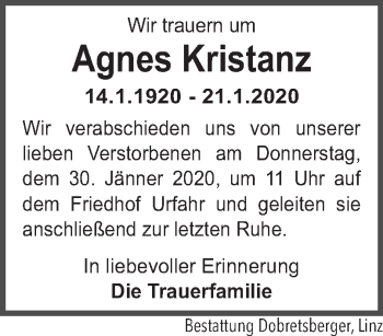 Traueranzeige von Agnes Kristanz von OÖNachrichten