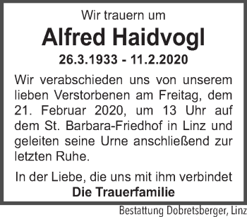 Traueranzeige von Alfred Haidvogl von OÖNachrichten