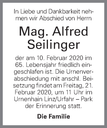 Traueranzeige von Alfred Seilinger von OÖNachrichten