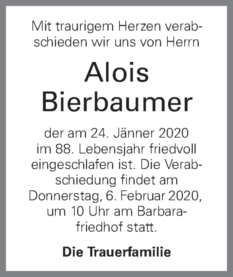  Traueranzeige für Alois Bierbaumer vom 29.01.2020 aus OÖNachrichten