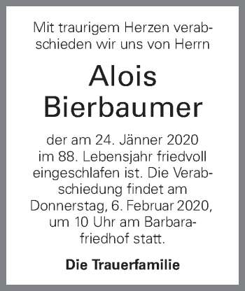 Traueranzeige von Alois Bierbaumer von OÖNachrichten