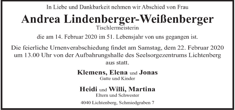  Traueranzeige für Andrea Lindenberger-Weißenberger vom 19.02.2020 aus OÖNachrichten