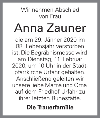 Traueranzeige von Anna Zauner von OÖNachrichten
