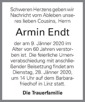Traueranzeige von Armin Endt von OÖNachrichten