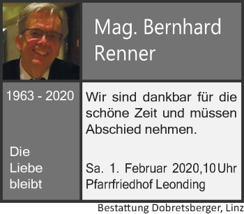 Traueranzeige von Bernhard Renner von OÖNachrichten