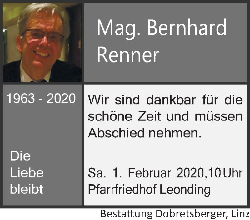  Traueranzeige für Bernhard Renner vom 28.01.2020 aus OÖNachrichten