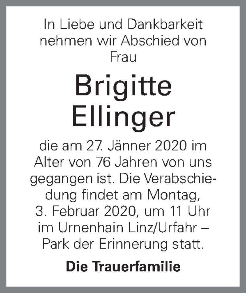  Traueranzeige für Brigitte Ellinger vom 30.01.2020 aus OÖNachrichten