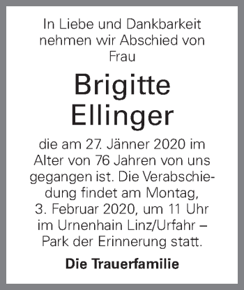 Traueranzeige von Brigitte Ellinger von OÖNachrichten