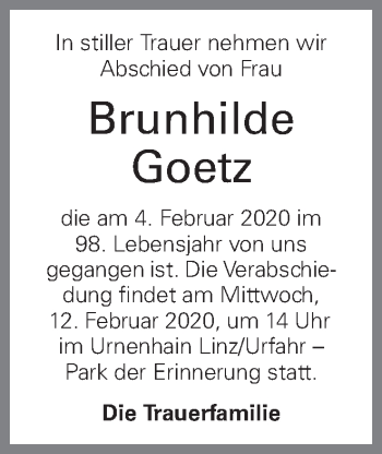 Traueranzeige von Brunhilde Goetz von OÖNachrichten