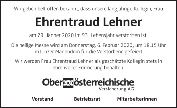 Traueranzeige von Ehrentraud Lehner von OÖNachrichten