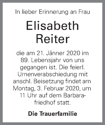 Traueranzeige von Elisabeth Reiter von OÖNachrichten