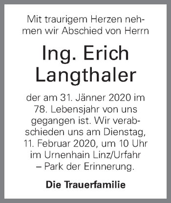 Traueranzeige von Erich Langthaler von OÖNachrichten