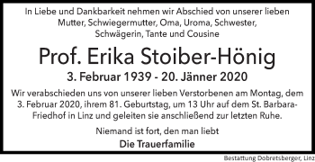 Traueranzeige von Erika Stoiber-Hönig von OÖNachrichten