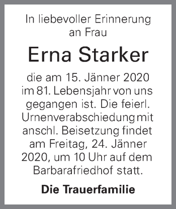Traueranzeige von Erna Starker von OÖNachrichten