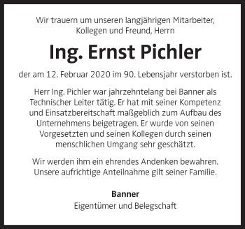 Traueranzeige von Ernst Pichler von OÖNachrichten