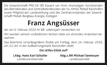 Traueranzeige von Franz Angsüsser von OÖNachrichten