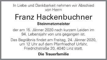 Traueranzeige von Franz Hackenbuchner von OÖNachrichten