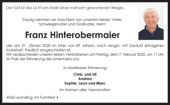 Traueranzeige von Franz Hinterobermaier von OÖNachrichten