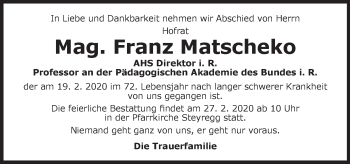 Traueranzeige von Franz Matscheko von OÖNachrichten