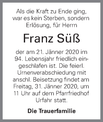 Traueranzeige von Franz Süß von OÖNachrichten