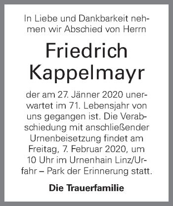 Traueranzeige von Friedrich Kappelmayr von OÖNachrichten