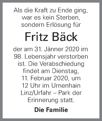 Traueranzeige von Fritz Bäck von OÖNachrichten