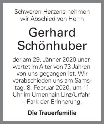 Traueranzeige von Gerhard Schönhuber von OÖNachrichten