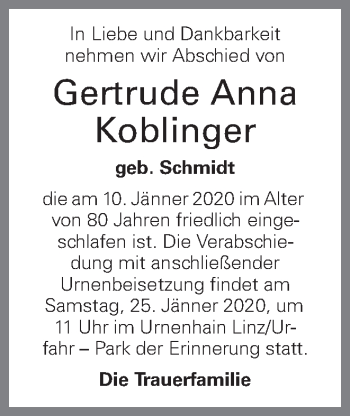 Traueranzeige von Gertrude Anna Koblinger von OÖNachrichten